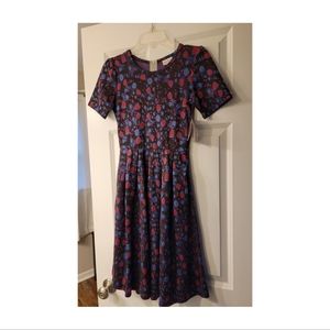 NWT Lularoe Amelia A-line Midi Dress in Bright Black, Purple & Blue Prin…